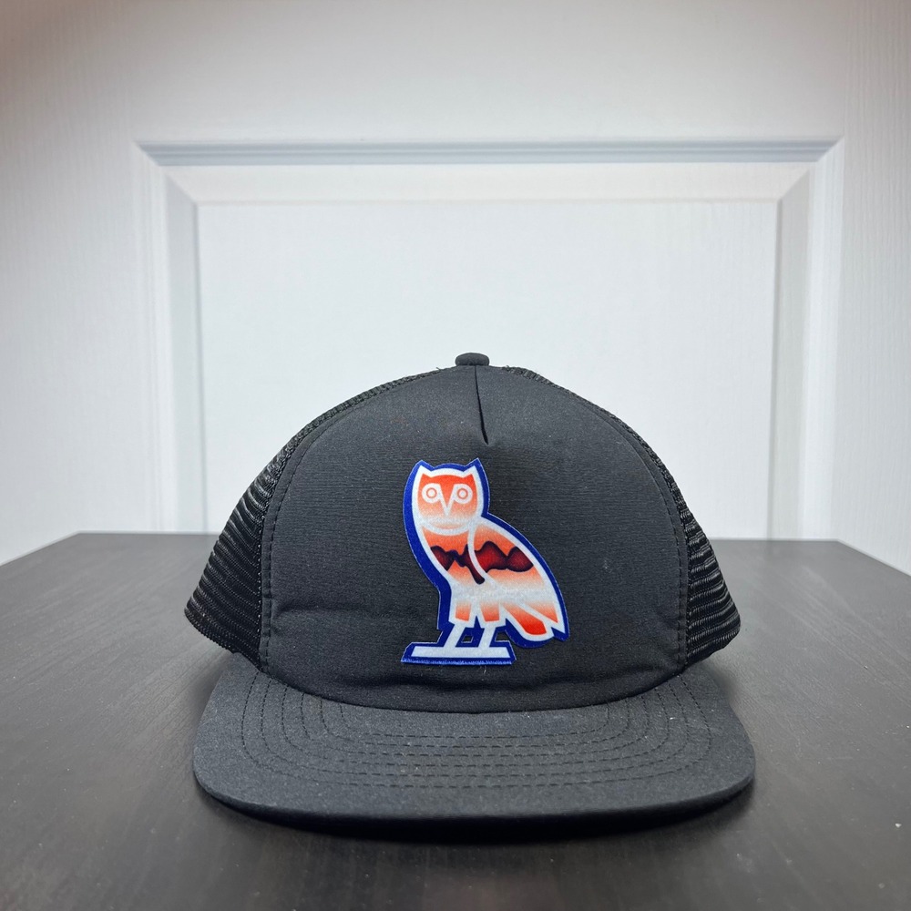 OVO October's Very Own Liquid Chrome Owl Trucker Hat Mens OS Black Mesh Snapback